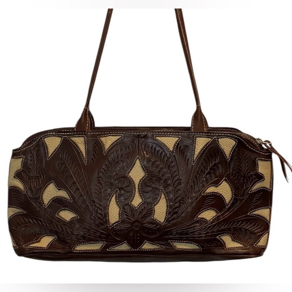 Leaders In Leather Scroll Cut Out Tooled Leather  Bag, Medium Size, Brown/Ivory - Picture 14 of 16